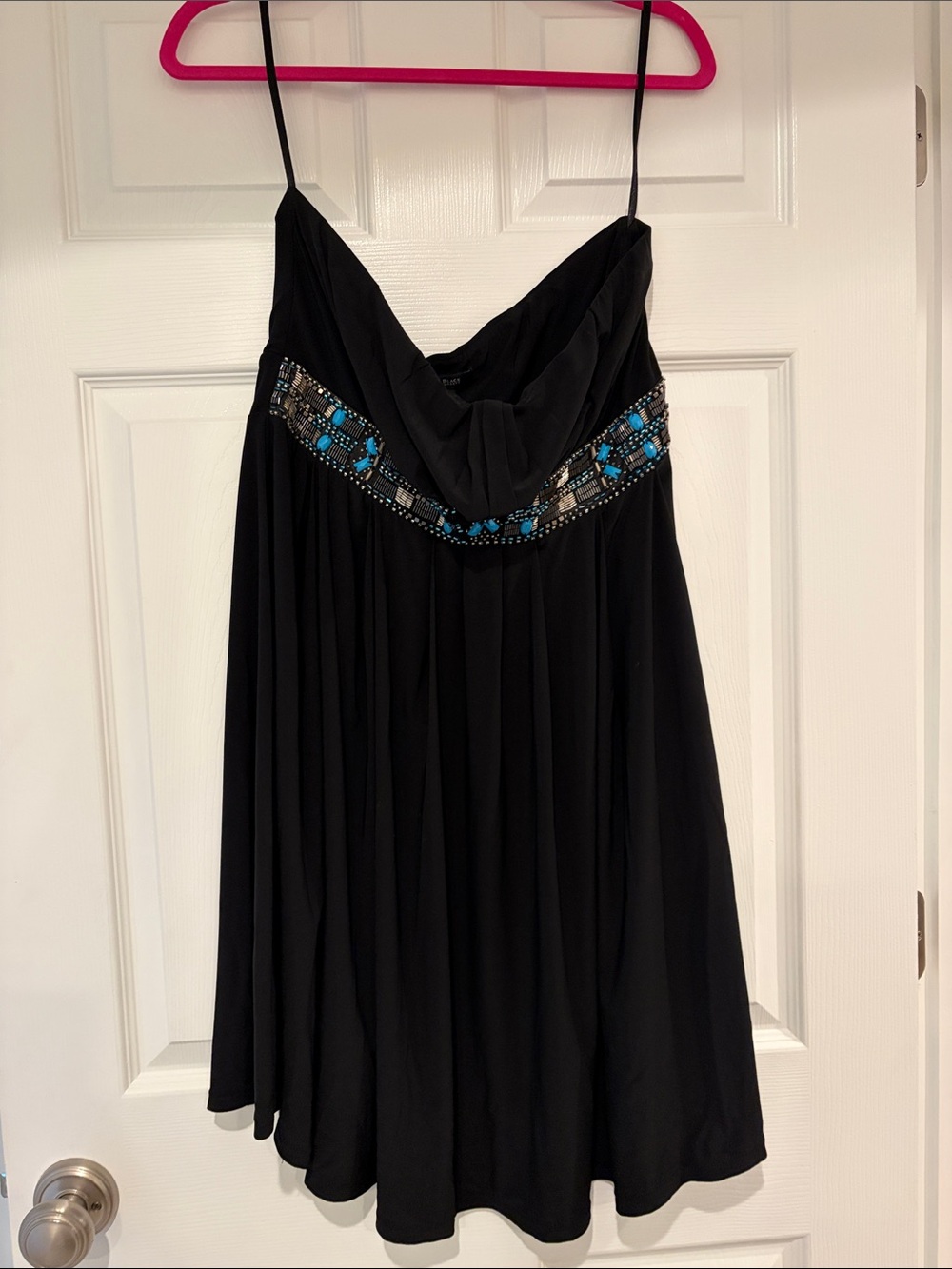 White House Black Market Black Mini Dress with Turquoise Beaded Waist